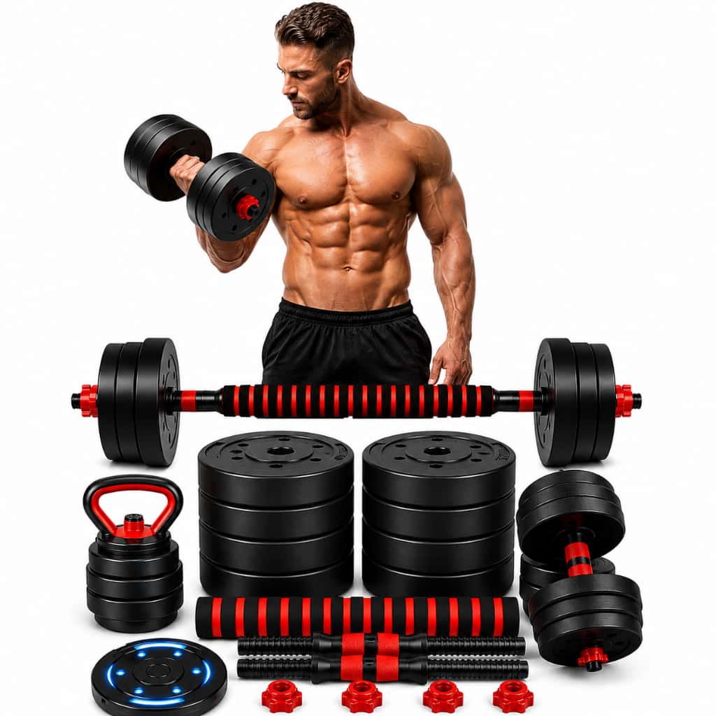Kit de Halteres E Anilhas de 15kg com Kettlebell 6 em 1 Barras de Musculação Academia Treino Fitness Peso Shape Puxador, imagem 1 de 1