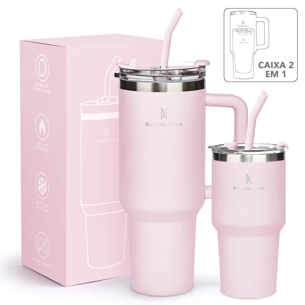 ROMANTIC CROWN Kit 2 Copo Térmico Inox 1200ml/600ml Garrafa Térmica Inoxidável com Tampa e Canudo, imagem 1 de 1