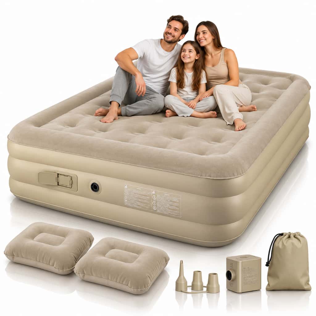 Cama Colchao Inflavel Casal Queen ou Solteiro Confortavel Acampamento Dobravel Cor Bege, imagem 1 de 1