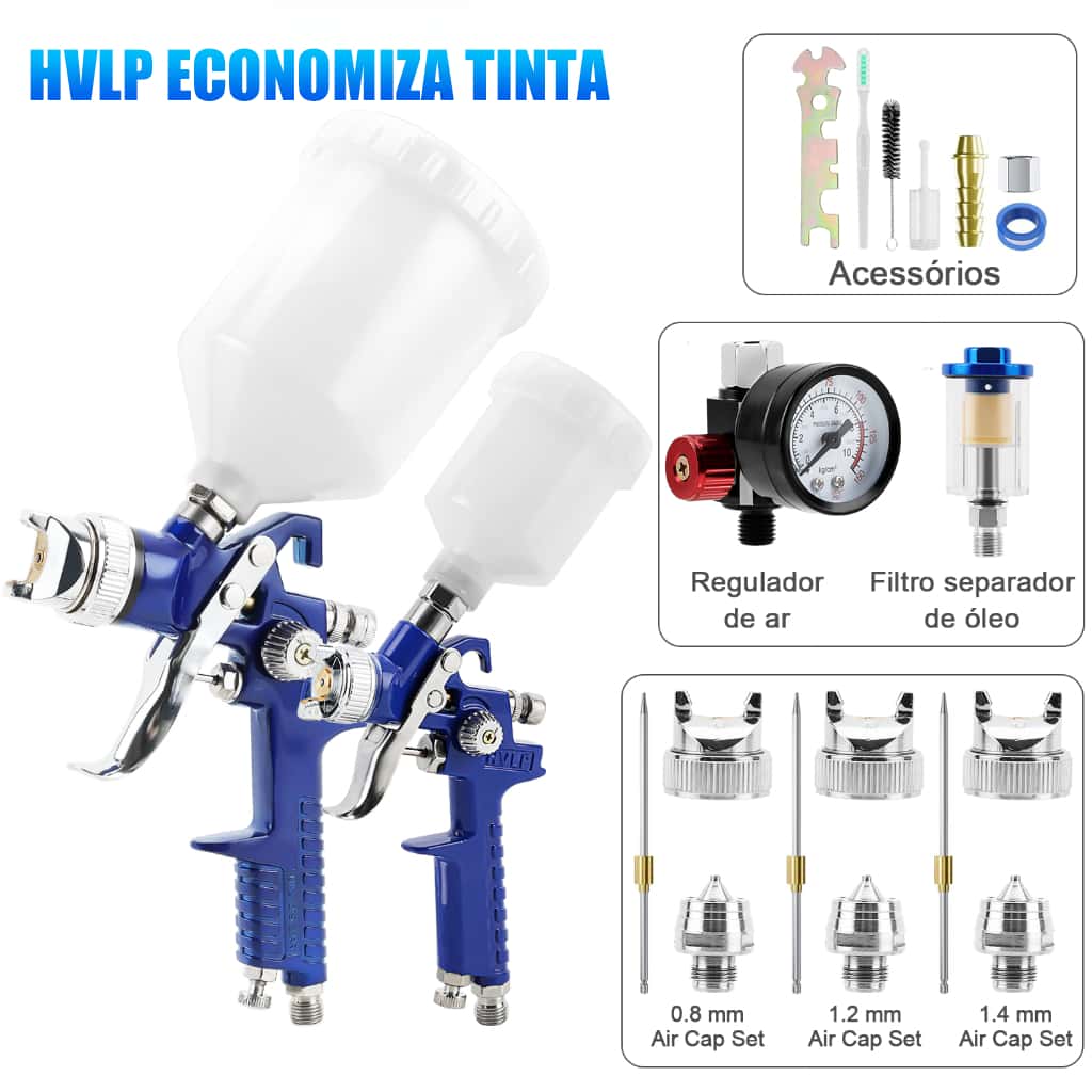 Kit Pistola de Pintura HVLP 2 Unidades 3 Bicos Regulador Pressão Filtro Separador Água Óleo Para Oficina Automotiva, imagem 1 de 1