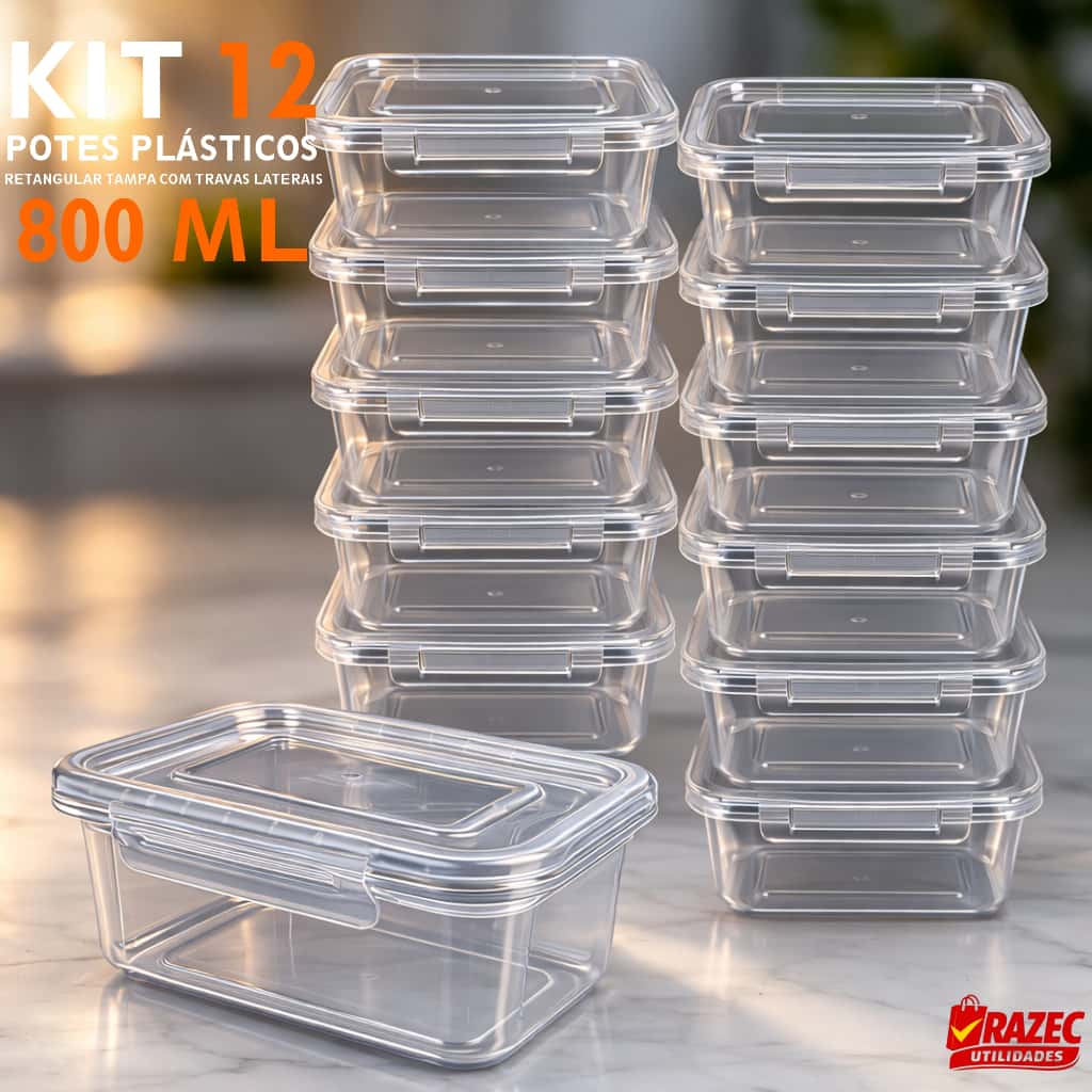 Kit Com 12 potes 800ml Tampa Com Trava Marmita Fitness Lavavel Freezer Microondas Durável BPAFree, imagem 1 de 1