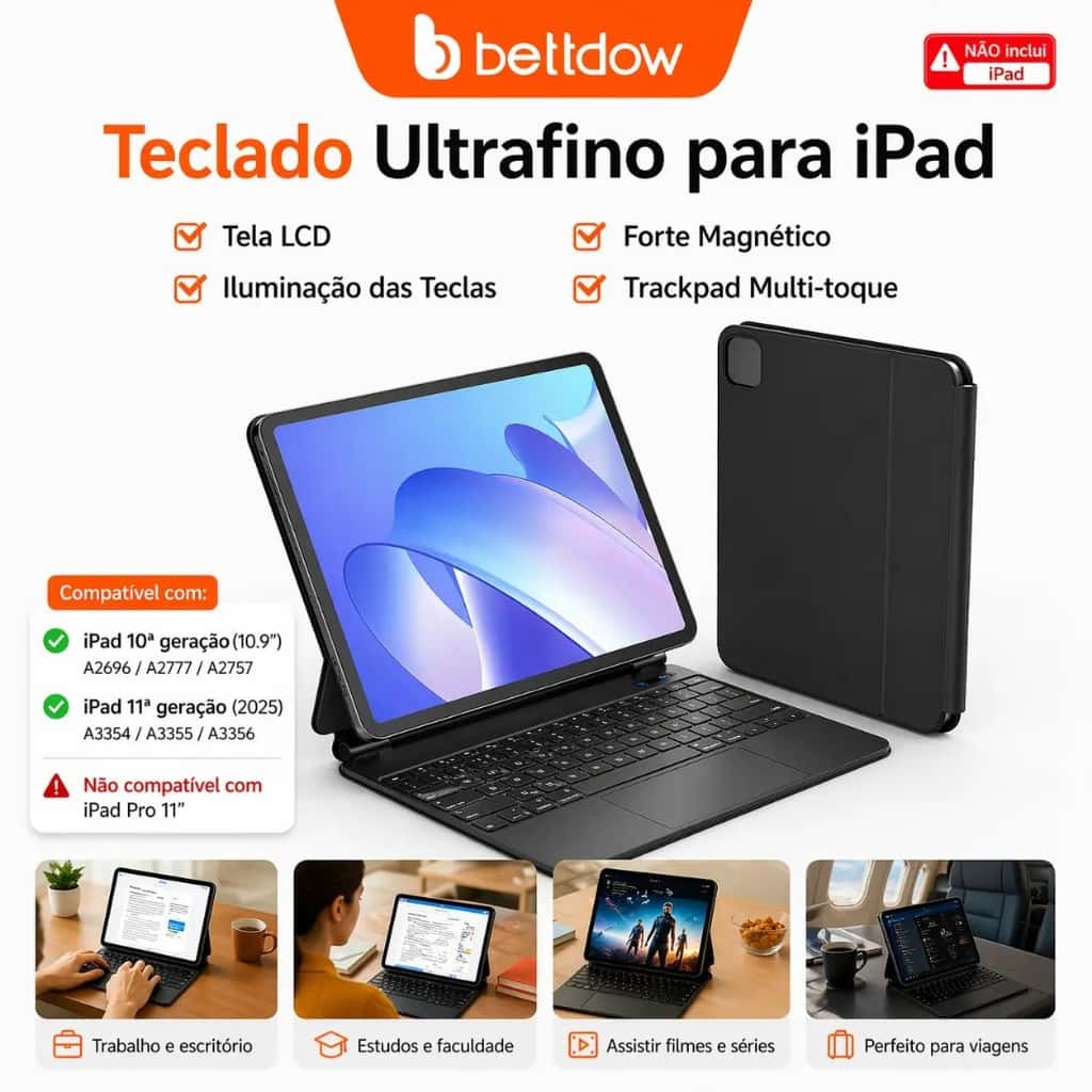 Bettdow Teclado Mágico para ipad A16 2025 Pro 11 Air 4 5 6 10th Gen  Caso Teclado Bluetooth Sem Fio iPad não incluíd, imagem 1 de 1
