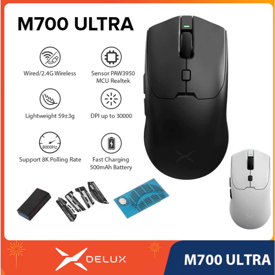 DELUX M700 ULTRA PAW3950 30000DPI 8000Hz 50G ACC Mouse Para Jogos Sem Fio Programável 59g Leve Com PC Gamer, imagem 1 de 1