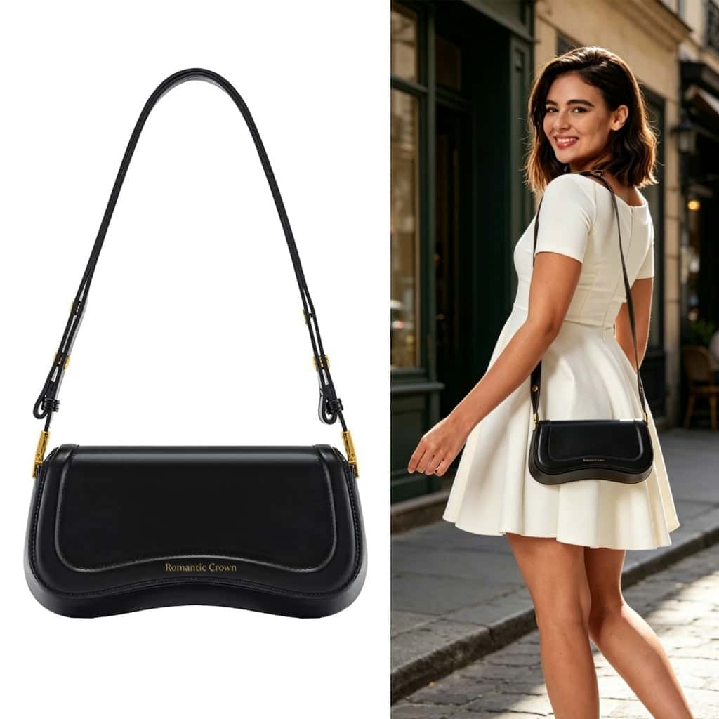 ROMANTIC CROWN Bolsa de Ombra Feminina com Alça Ajustável, Bolsa Feminina Elegante com Couro Sintetico Preto, Presente, imagem 1 de 1