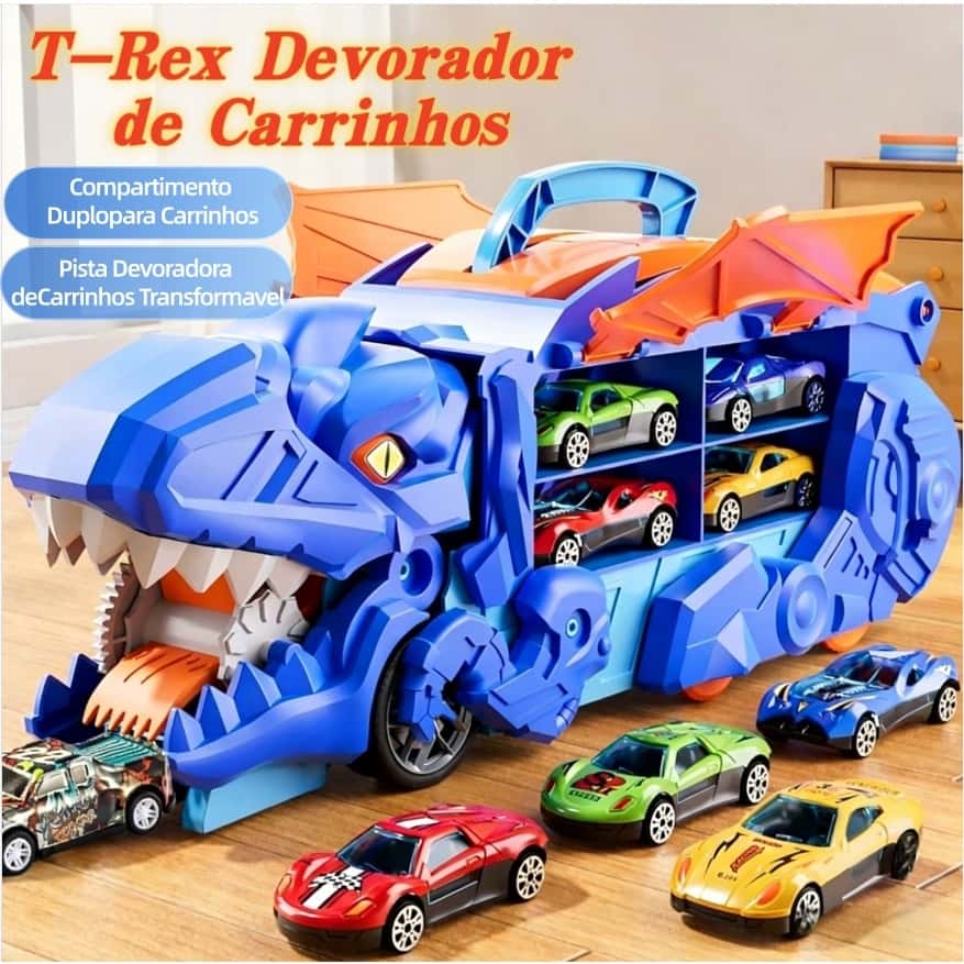 Caminhão Dinossauro T-Rex Engole Carrinhos com 4 Carros de Metal Transformável com Pista Rampa e Alça, imagem 1 de 1
