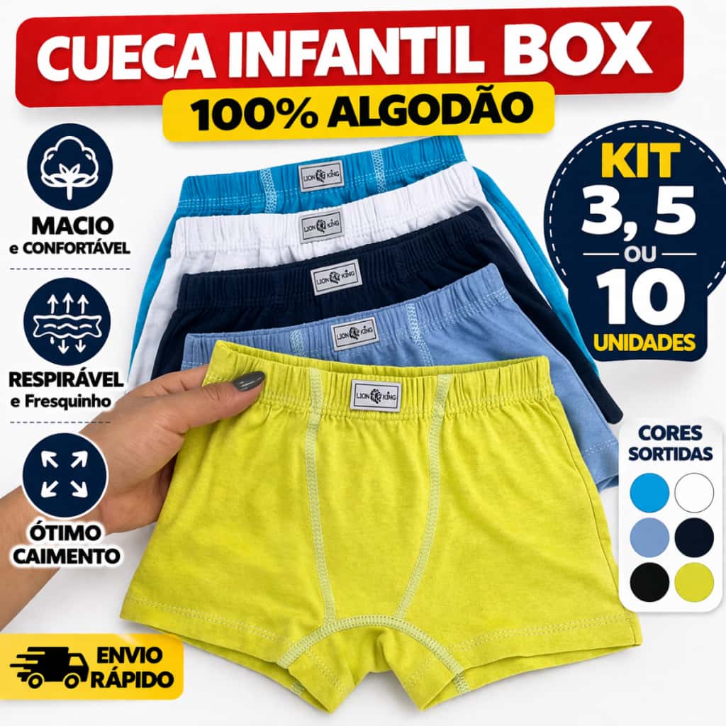 Kit Cueca Box Boxer Infantil Menino Criança 100% Algodão Conforto Premium Cores Sortidas, imagem 1 de 1