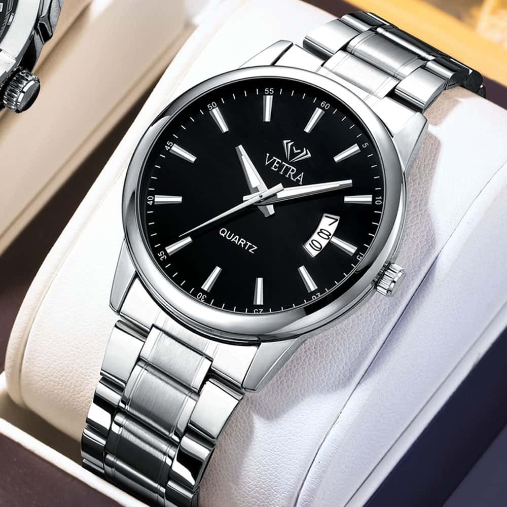 VETRA Relógio Masculino Original Relogio Luxo a Prova d Água Presente para Homem Aço Inoxidável Preto Prata 6115, imagem 1 de 1