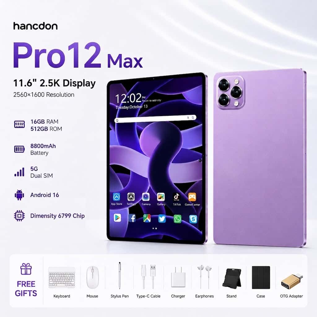 Hancdon Tablet Pro12 Max | 16GB+512GB | Android 15 | Tela FHD 11.6" | 8800mAh  4G/5G LTE 【Envio em até 24 horas】, imagem 1 de 1