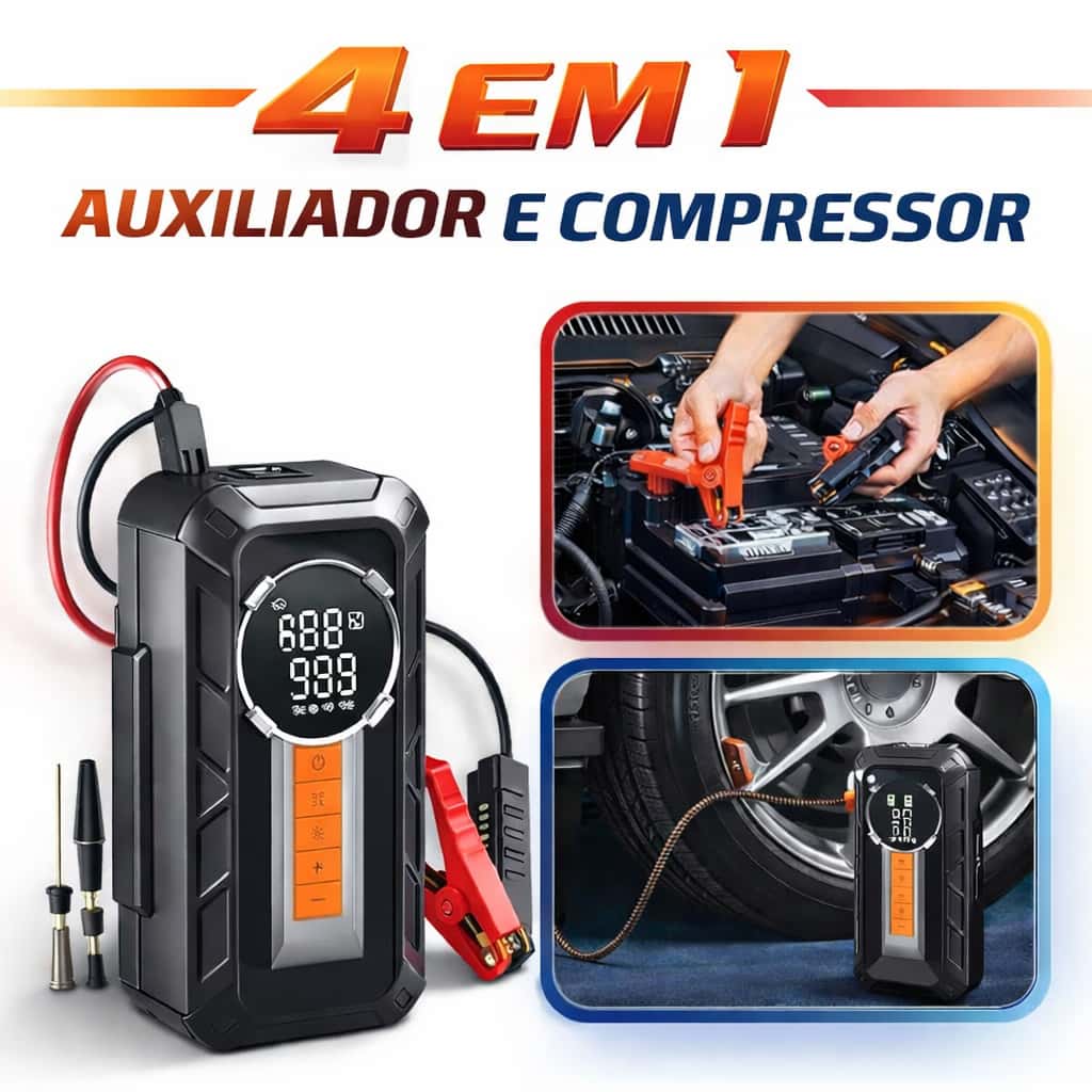 Compressor de Ar Portátil 4 em 1 Sem Fio + Auxiliar de Partida + Power Bank + Lanterna LED Carro Moto, imagem 1 de 1