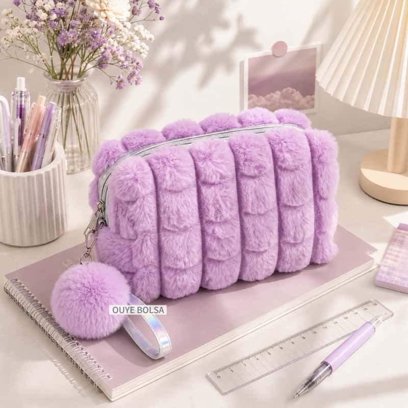 Necessaire de Pelúcia Feminina com Pompom Bolsa de Maquiagem Grande Capacidade, imagem 1 de 1