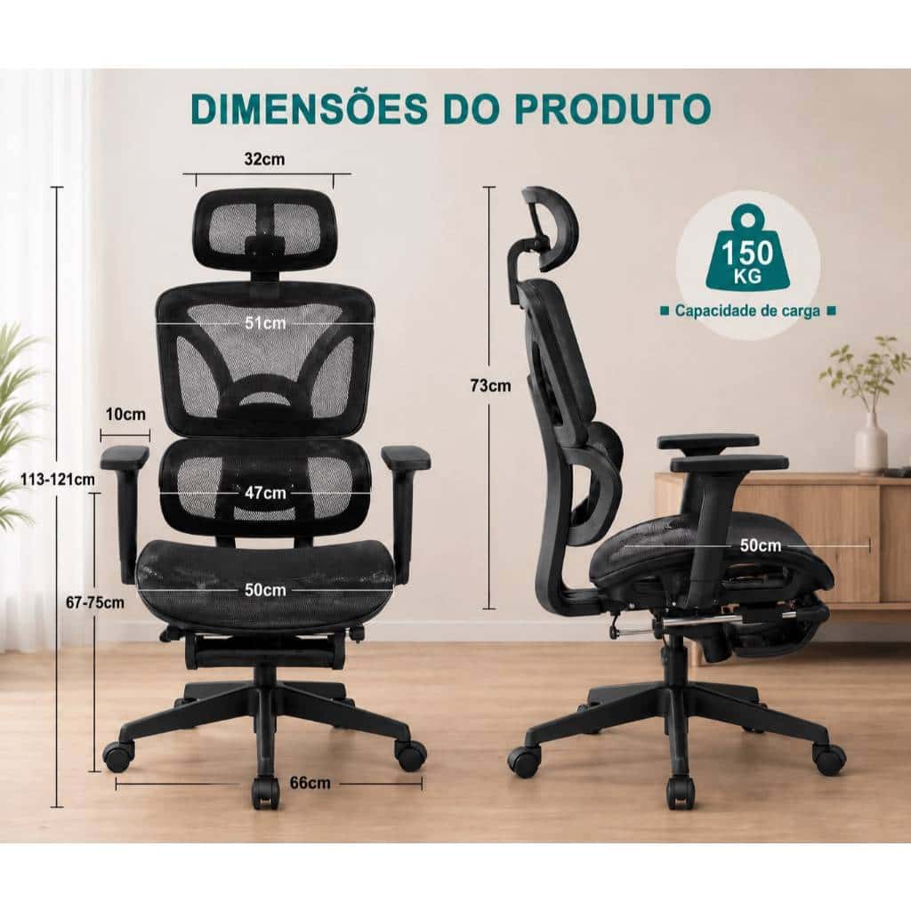 Cadeira Presidente Ergonomica Escritorio Mesh Reclinavel Com Apoio De Pes Retratil E Apoio De Cabeça, imagem 1 de 1
