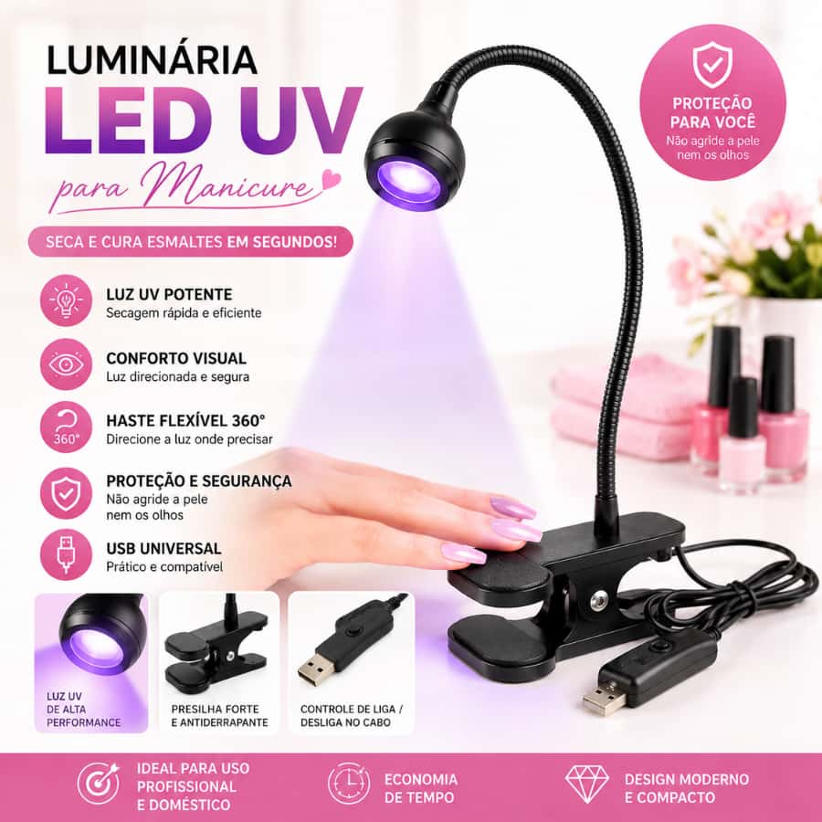 Luminária LED UV Ultravioleta de Mesa com Garra Presilha USB para Manicure e Unhas, imagem 1 de 1