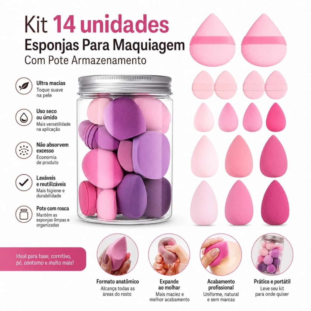 Kit 14 Esponjas de Maquiagem com Frasco Organizador para Base Pó Corretivo e Contorno, imagem 1 de 1