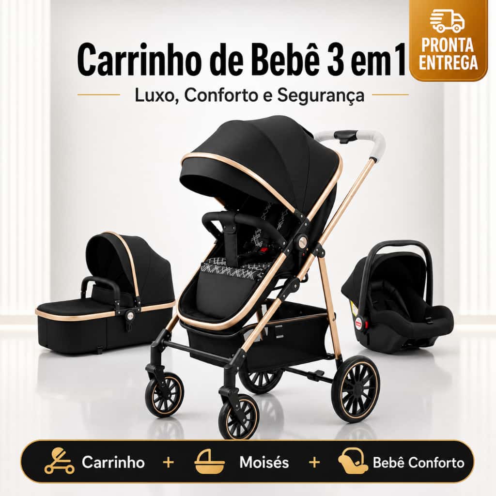 Carrinho De Bebê 3 Em 1 Premium Luxo Moisés + Bebê Conforto Completo Reclinável Rodas Com Amortecedor Kit Enxoval Segura, imagem 1 de 1
