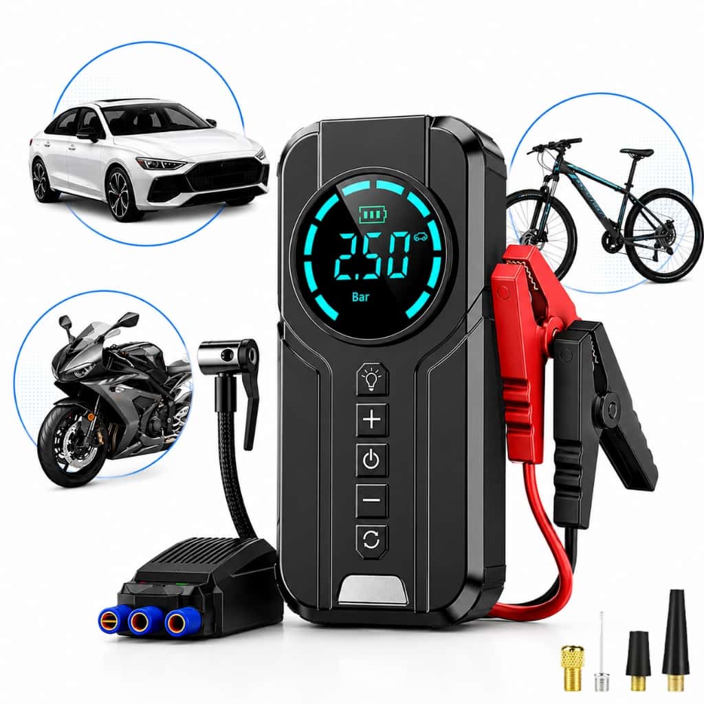 Auxiliar de Partida Carregador Bateria Com Compressor de Ar Emergência Portátil Veicular Automotivo, imagem 1 de 1