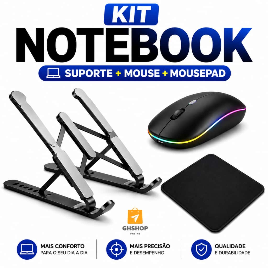 Kit Suporte de Notebook+Mouse Sem Fio+Mouse Pad, imagem 1 de 1
