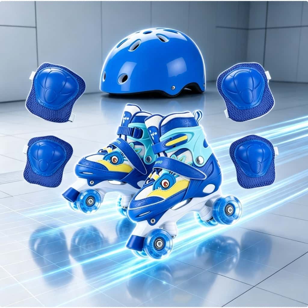 Patins Quad Criança Meninos Ajustável Azul Dinossaur Patins De 4 Rodas Infantil Com Led Promoção, imagem 1 de 1