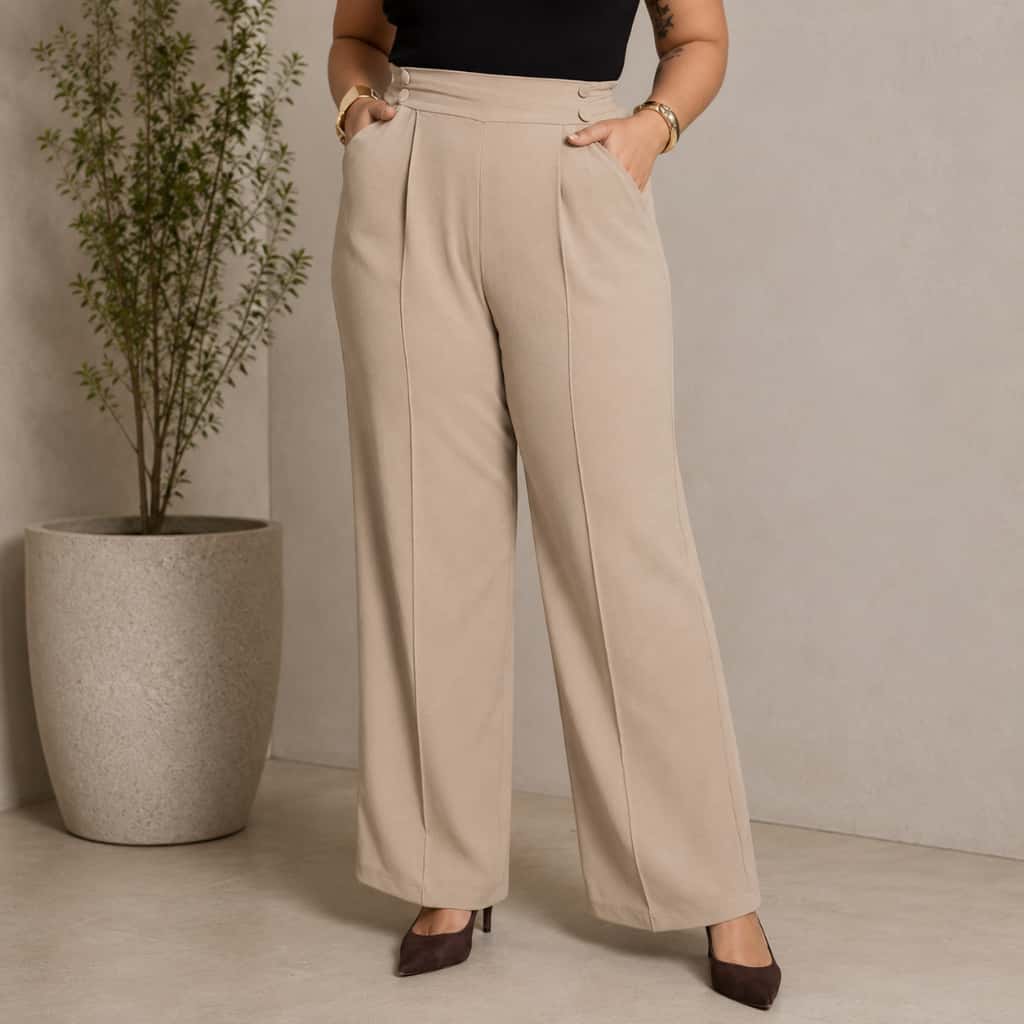Calça Pantalona Duna Plus Size Feminina Con Forro e Com Elástico Na Cintura Com Bolso. Cintura Alta Tecido Duna, imagem 1 de 1