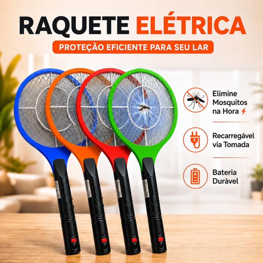 Raquete Elétrica Mata Mosquito Recarregável Bivolt 110V/220V Choque Potente Proteção Contra Mosquitos e Dengue Casa Quar, imagem 1 de 1