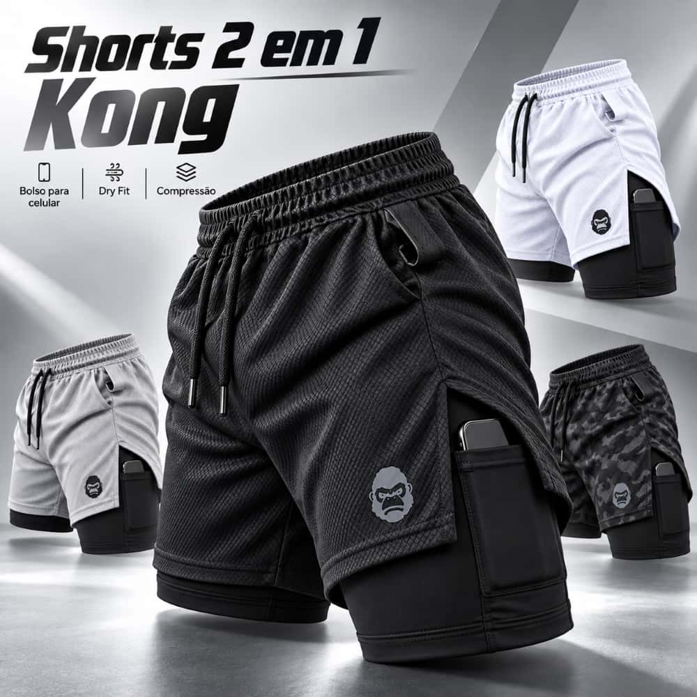 Shorts Masculino 2 em 1 Dry Fit Academia Corrida Bermuda de Compressão com Bolso Celular Kong, imagem 1 de 1