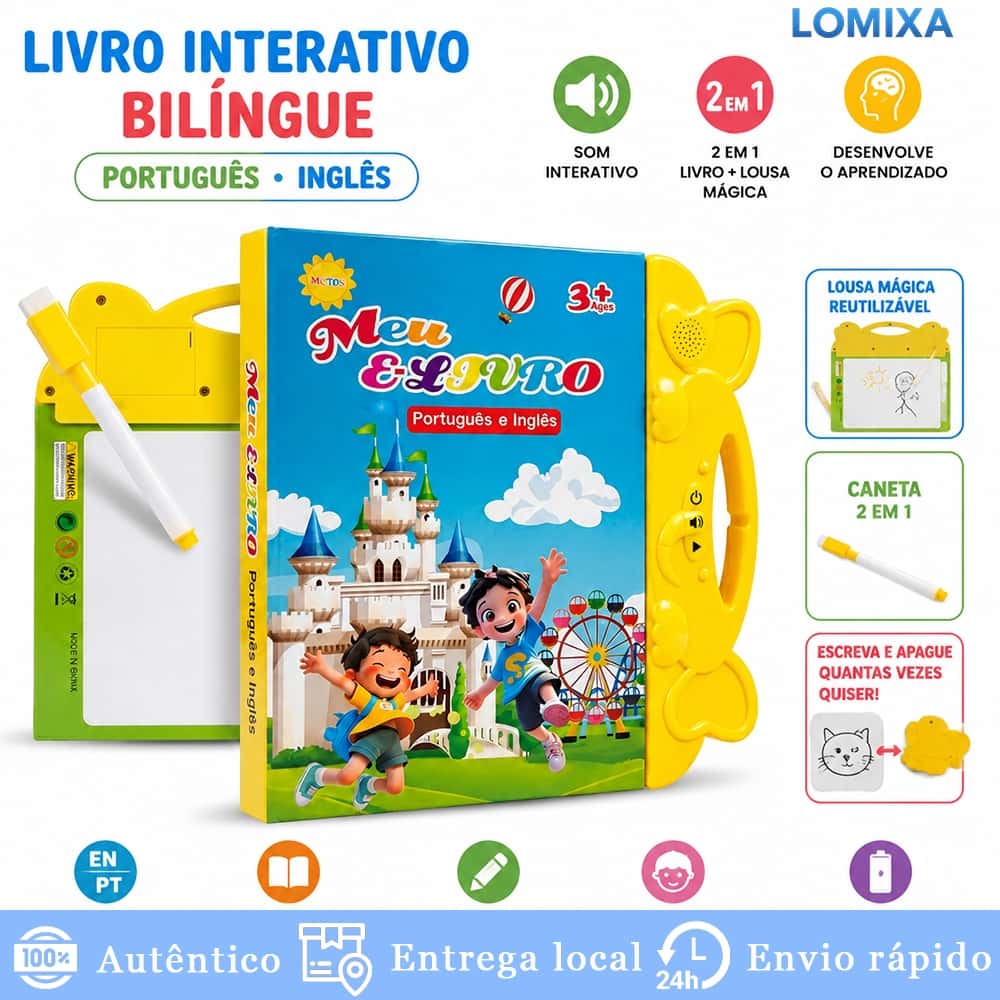 Livro Infantil Bilíngue PT EN Interativo com Som + Lousa Mágica Reutilizável e Caneta 2 em 1, imagem 1 de 1
