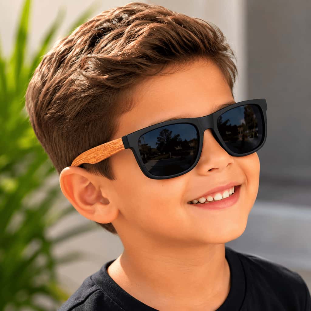 Óculos de Sol Infantil Lente Preta lateral em Madeira Bambu Criança Menino Menina Proteção UV400, imagem 1 de 1