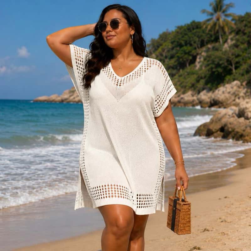Saída de Praia Feminina Tricot Furadinho Plus Size Vestido Verão Confortável Elegante, imagem 1 de 1