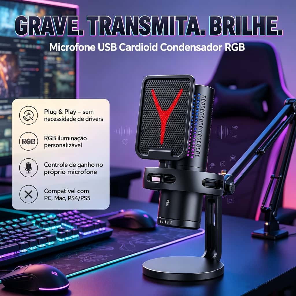 Microfone RGB USB Cardioid – Condensador, Para PC Gamer e Gravação, GM7, imagem 1 de 1