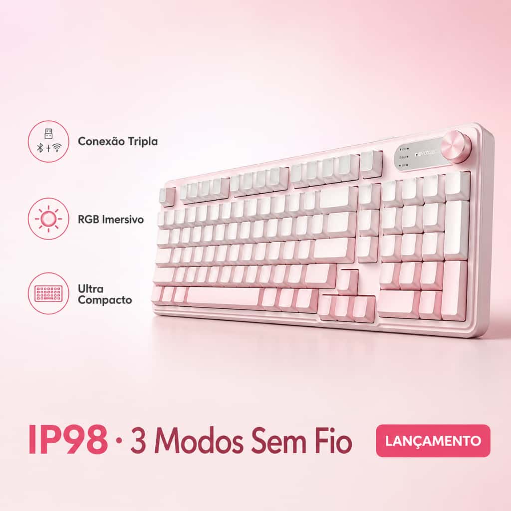 Teclado Gamer IP98 Wireless 98 Teclas, Triplo Modo 2.4G Bluetooth USB-C, RGB com Knob, Silencioso Anti-Ghosting, imagem 1 de 1