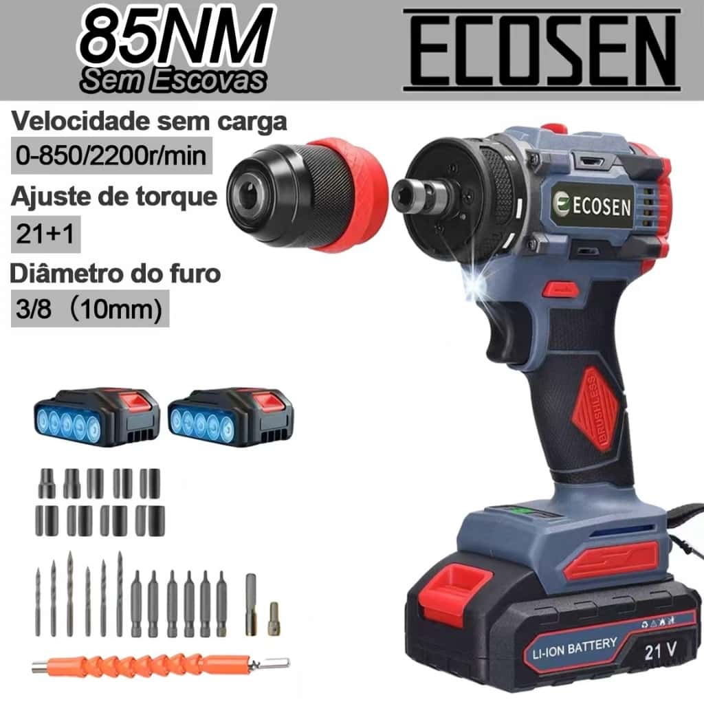 Parafusadeira Furadeira 21V Sem Escovas Leve e Potente - Kit com 2 Baterias, 85N.m Torque, 2200RPM, imagem 1 de 1