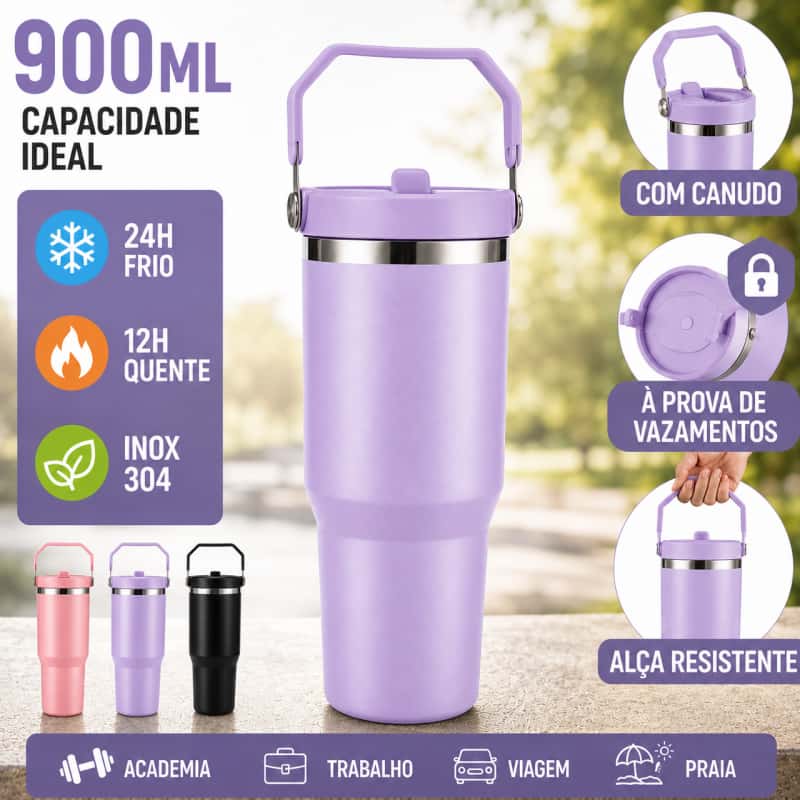 Garrafa Térmica Inox 900ml com Alça, Tampa Antivazamento, para Academia, Trabalho, Viagem e Bebidas Quentes e Frias, imagem 1 de 1
