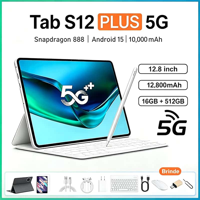 Tablet S12 Plus -12.8"inch 16GB+512GB Android 16 12,800mAh Snapdragon 888 Combo com Teclado e Mouse, imagem 1 de 1
