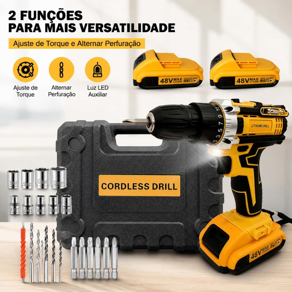 Parafusadeira Furadeira Sem Fio 48V | Caixa com Baterias Duplas | Modo Duplo: Aparafusar e Furar, imagem 1 de 1