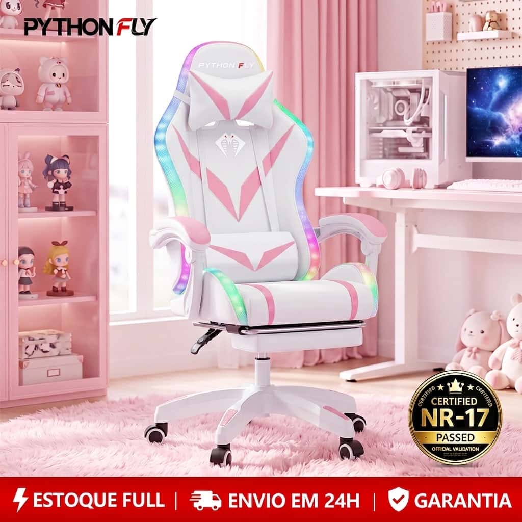 Cadeira Gamer Ergonômica Reclinável 135º Branca Rosa Com Luz LED RGB e Descanso De Pés, imagem 1 de 1