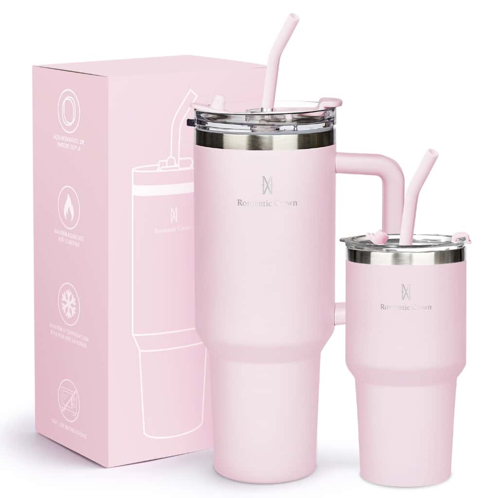 ROMANTIC CROWN Kit 2 Copo Térmico Inox Portátil 1200ml/600ml Garrafa Térmica Inoxidável com Tampa e Canudo, imagem 1 de 1