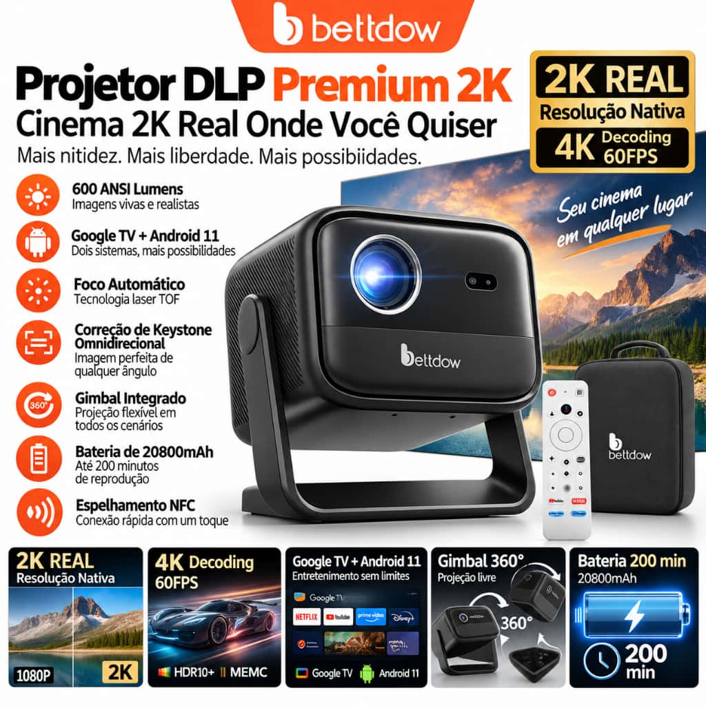 Projetor BETTDOW 4K DLP 600ANSI, sistema Google TV, com tecnologia NFC e compensação de movimento carregamento externo, imagem 1 de 1