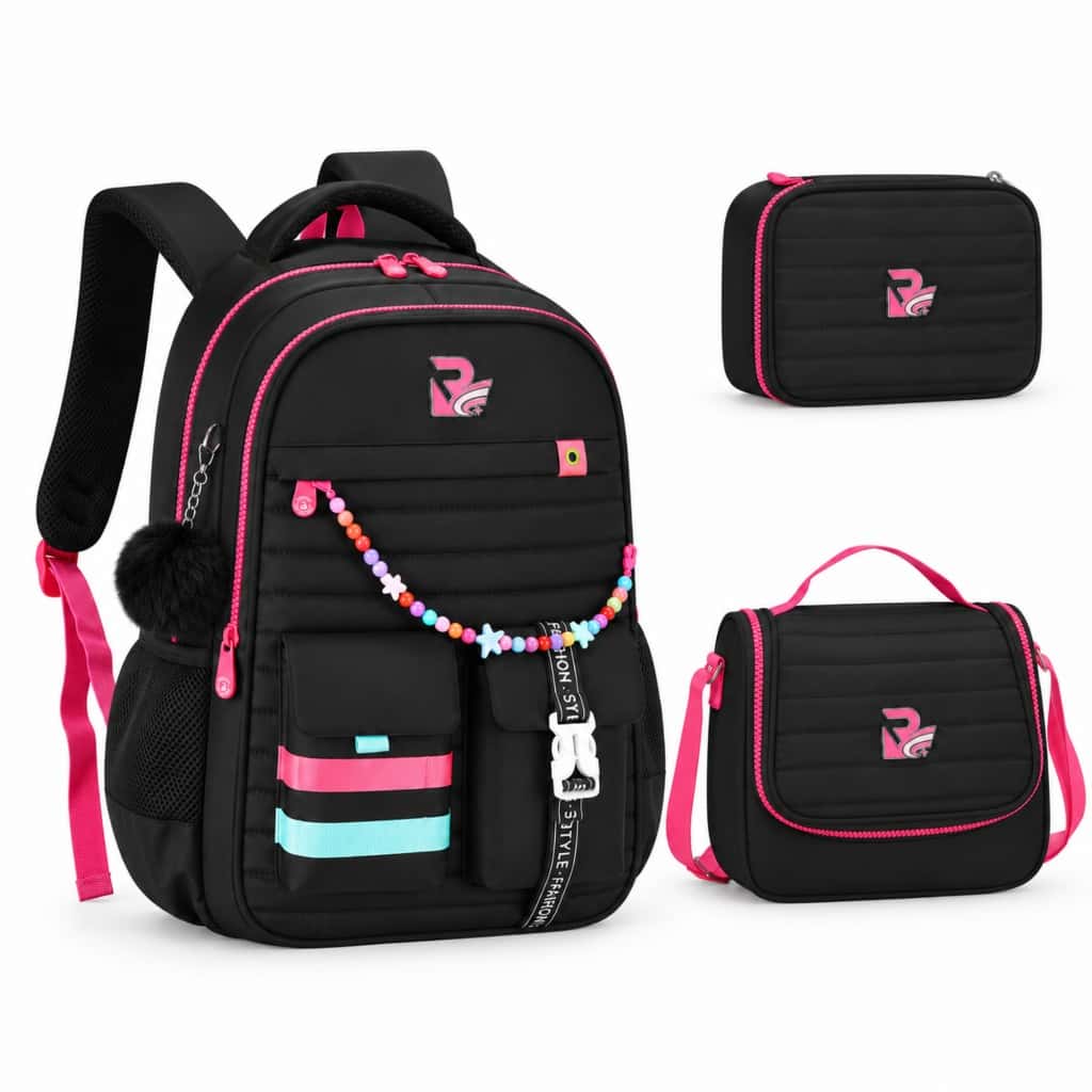 3 Kit Mochila Feminina Escolar  com Pompom e Miçangas, Grande Capacidade, Vários Compartimentos para Escola e Viagem, imagem 1 de 1