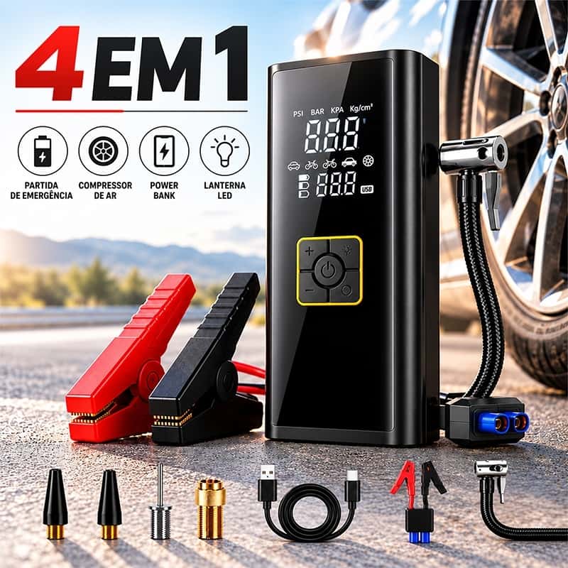 Auxiliar de Partida com Compressor de Ar Portátil 4 em 1 Inflador Digital Power Bank Lanterna LED  10000mah 150PSI, imagem 1 de 1