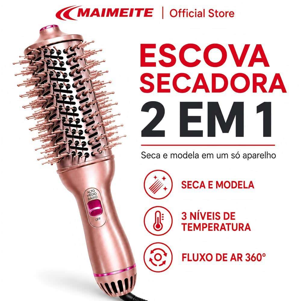 MAIMEITE Escova Secadora 2 em 1 Bivolt 110V-220V 3 Temperaturas Íons Negativos Seca e Modela, imagem 1 de 1