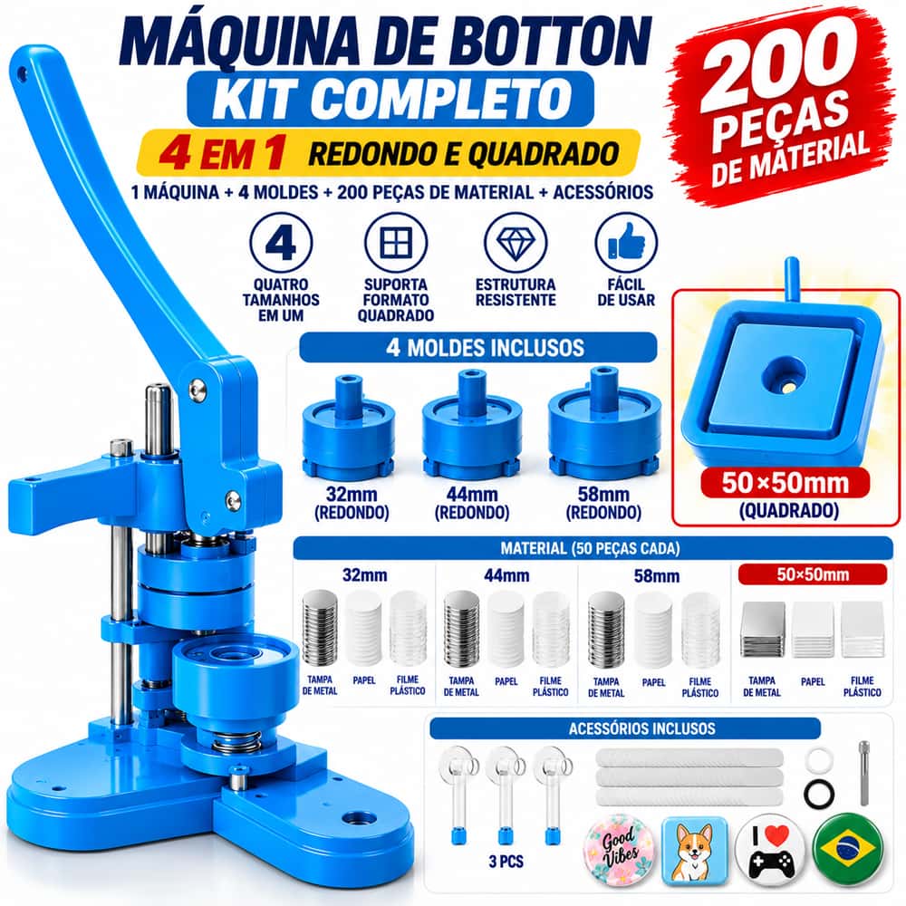 Máquina de Fazer Bottons 4 em 1 com Moldes Redondos 25/32/58mm e Quadrado 50x50mm, imagem 1 de 1