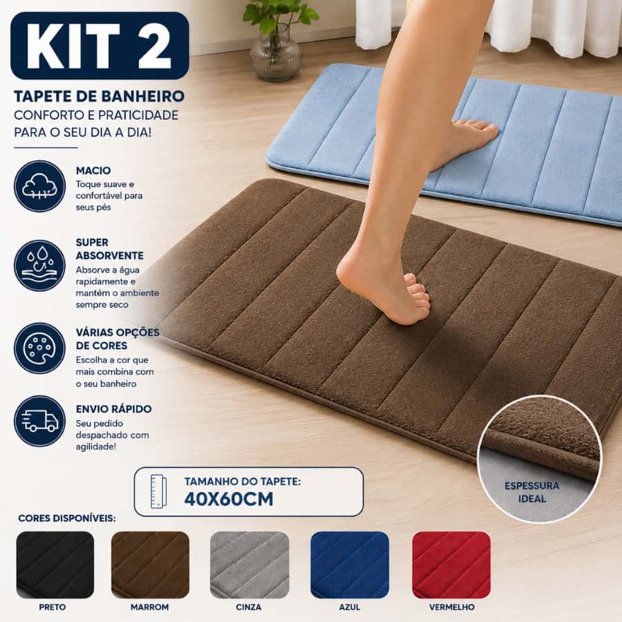 Kit com 2 Tapete Antiderrapante Absorvente Banheiro Quarto Macio Soft Secagem Rapida 60x40, imagem 1 de 1