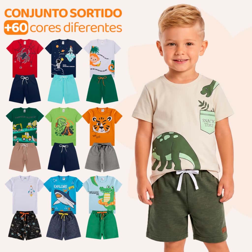 Kit Sortido 10 ou 4 Peças de Roupas Infantil Menino- 5 Camisetas + 5 Bermudas - Kit 5 Conjuntos de Roupa Verão Masculino, imagem 1 de 1