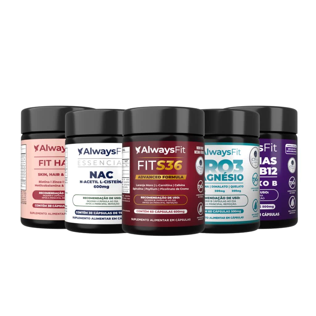 Kit FitS36 + Pro3Magnésio + NAC + FitHair + Complexo B AlwaysFit | 5 Suplementos | 240 Cápsulas, imagem 1 de 1