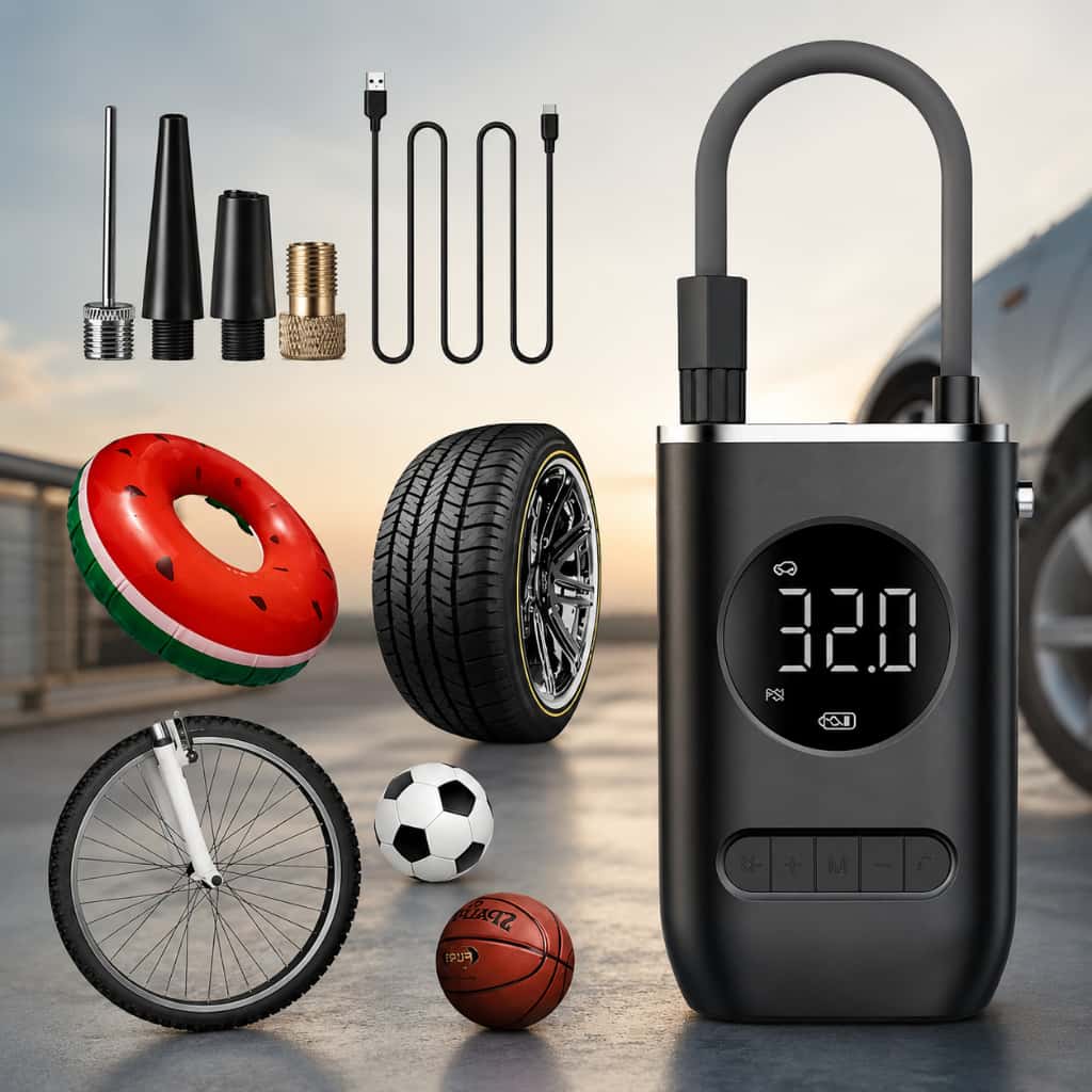Bomba de Ar Digital Mini Compressor Calibrador de Pneus Carro Moto Bike Com Lanterna Led Portátil, imagem 1 de 1