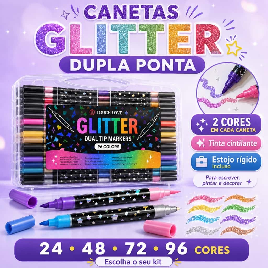 Kit Canetas Glitter Dupla Ponta 24 a 96 Cores com Estojo Rígido para Desenho Lettering e Pintura, imagem 1 de 1