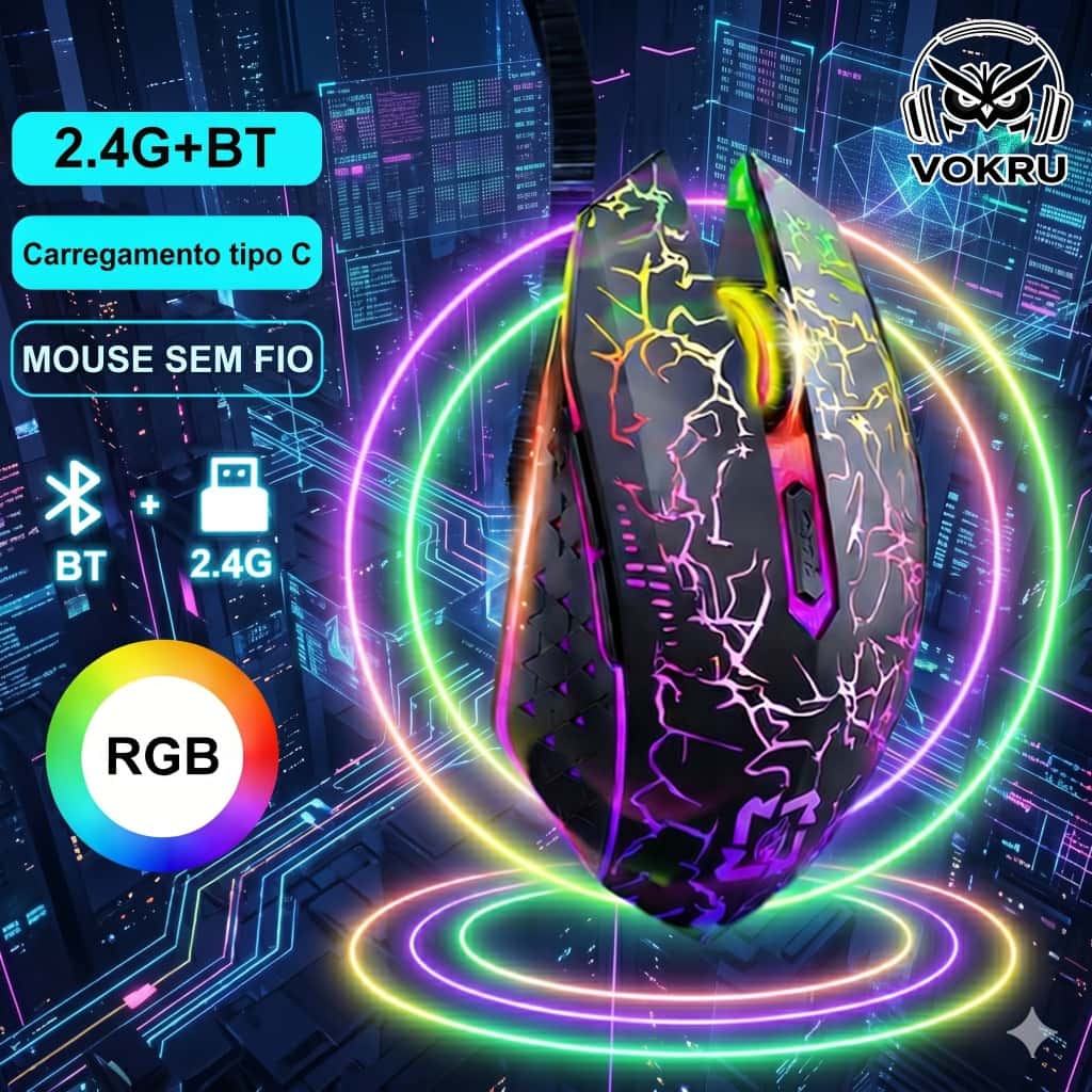 Bluetooth Mouse Sem Fio Luz De Fundo LED I RGB 2.4G Jogo De Modo Duplo 7 Cores I Para Jogos Ergonomia-6 Botões, imagem 1 de 1