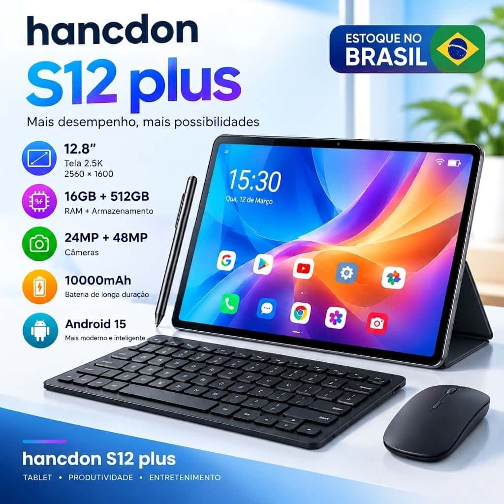 Tablet Hancdon S12 Plus 12.8" 2.5K Android 15 16GB+512GB 10000mAh 24+48MP Estoque Brasil Kit Teclado Mouse Caneta, imagem 1 de 1