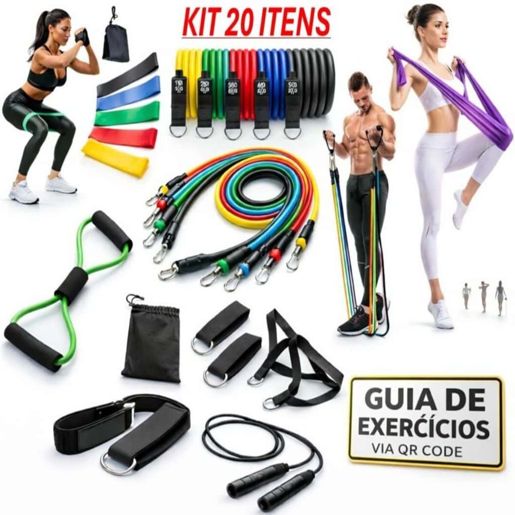 Kit 20 Itens Treino em Casa: Elásticos Extensor + Mini Band + Thera Band + Corda De Pular + Guia de Exercícios Exclusivo, imagem 1 de 1