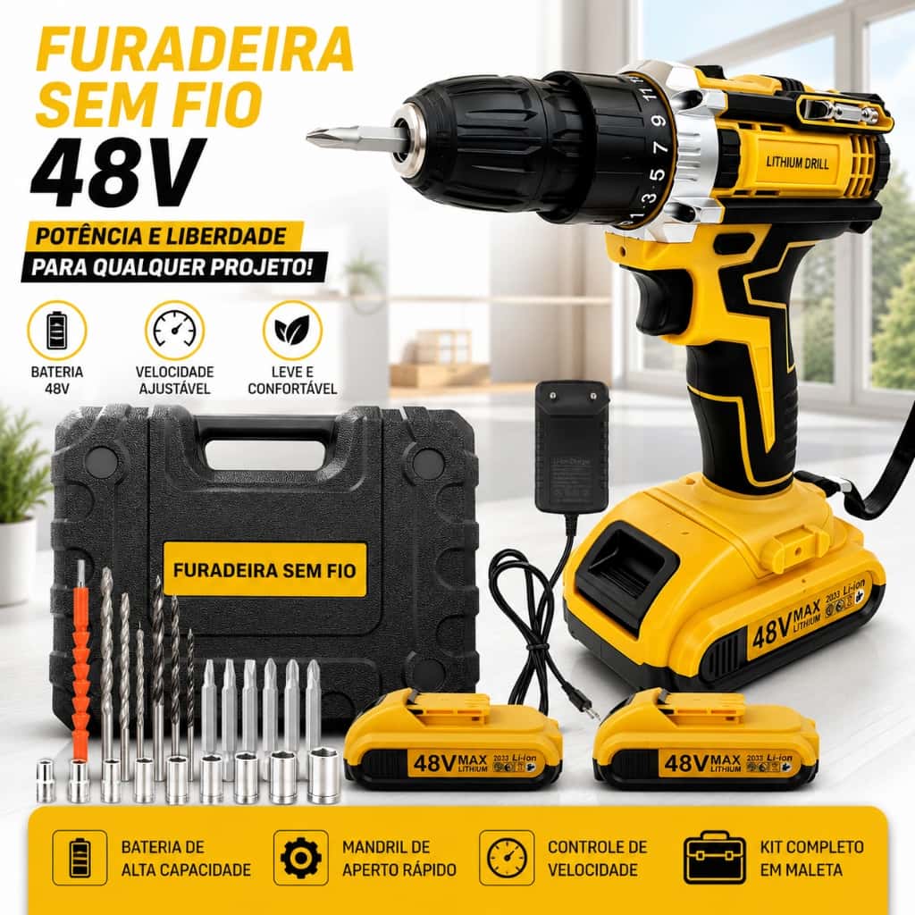 Parafusadeira Furadeira Sem Fio 48V｜Dupla Função: Bateria Única (Caixa) / Duas Baterias+Maleta, acessórios inclusos, imagem 1 de 1