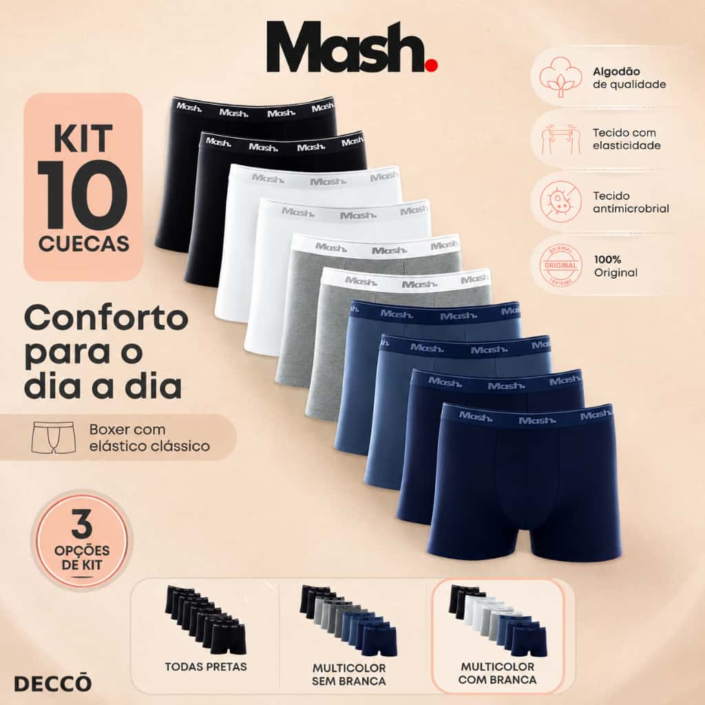 Kit com 10 Cuecas Mash Boxer box Modelo Tradicional em Cotton Algodao Original Masculina, imagem 1 de 1